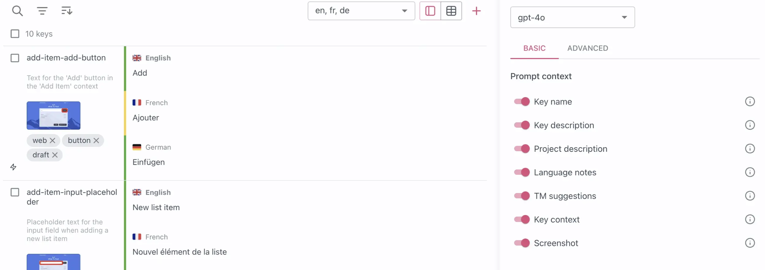 Screenshot showing how to use Tolgee AI customization