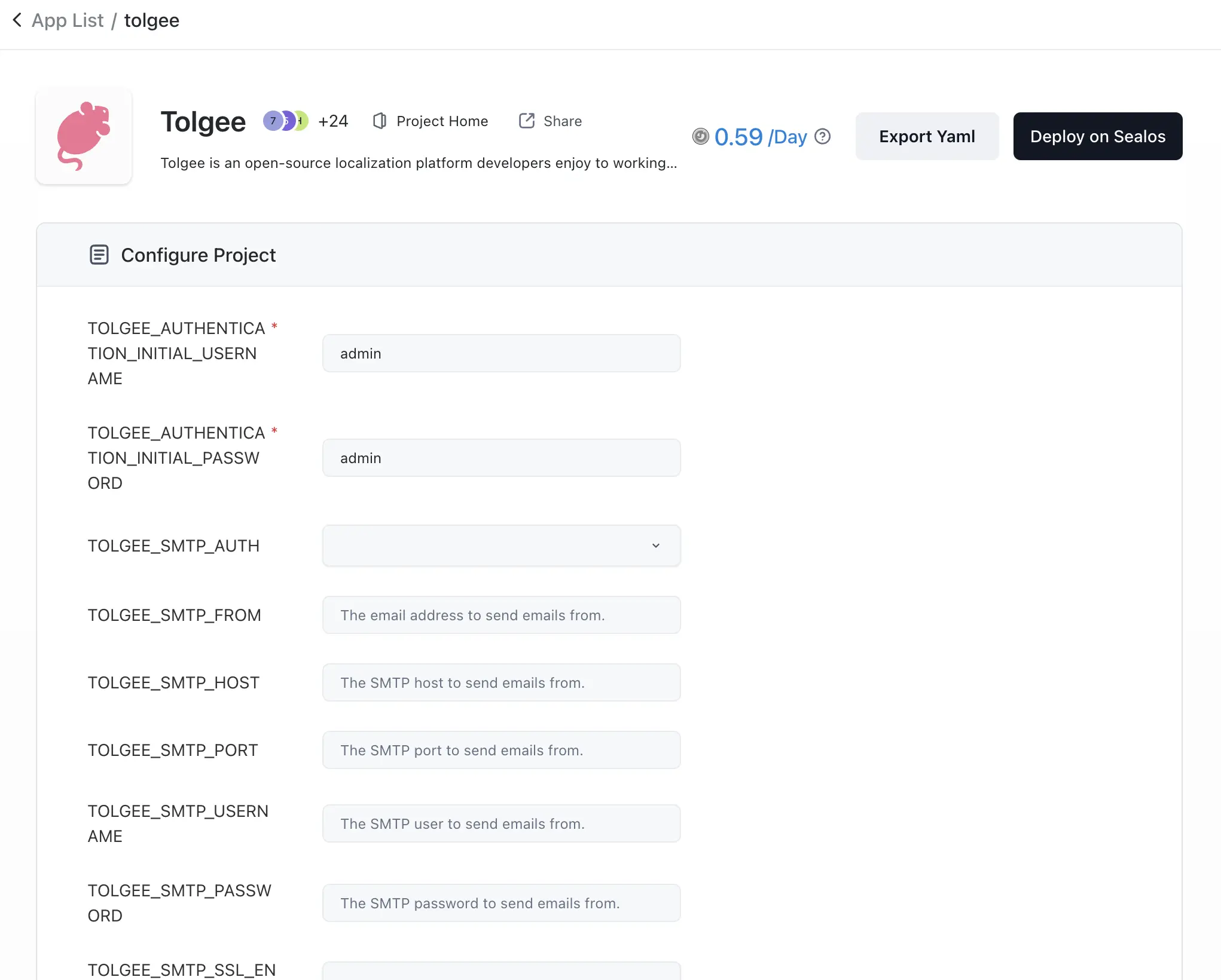 Screenshot of the Tolgee page on Sealos