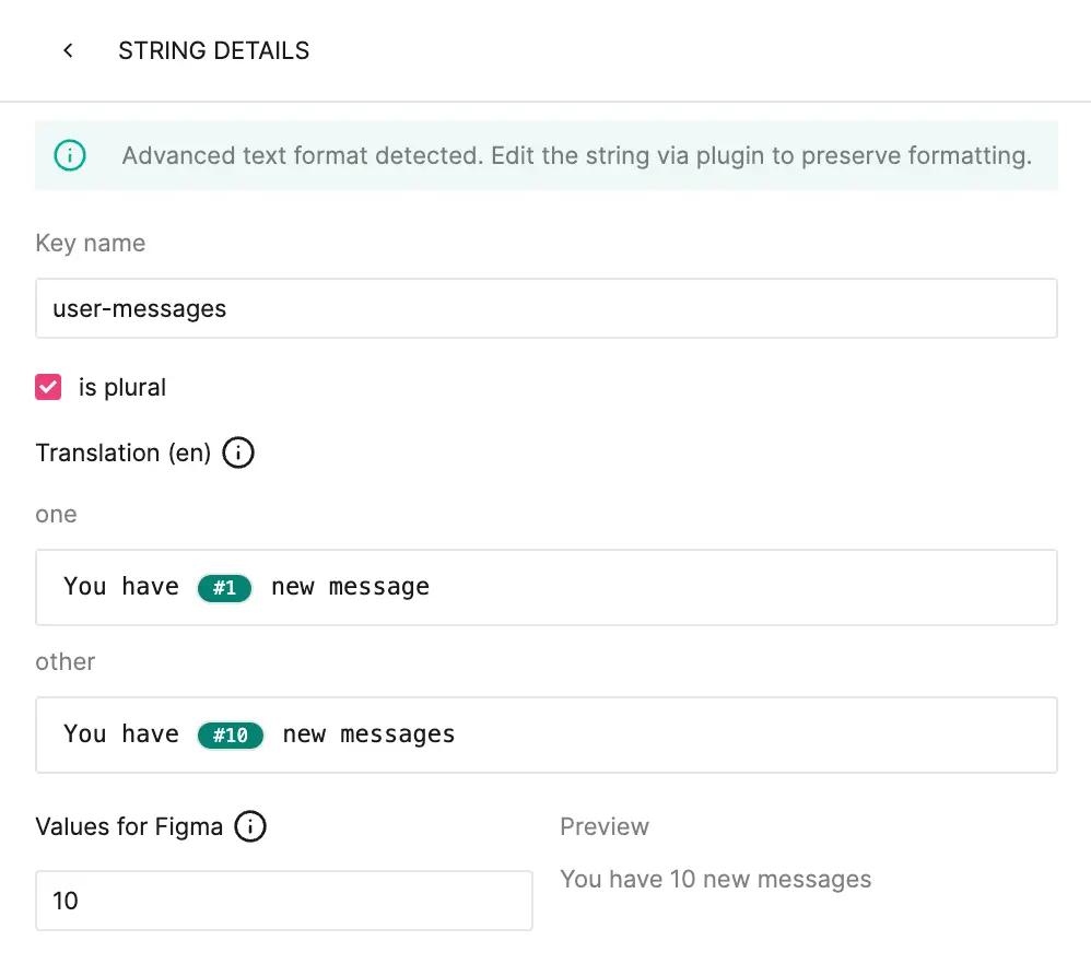 Screenshot of the Tolgee Plurals Window for the Figma Plugin