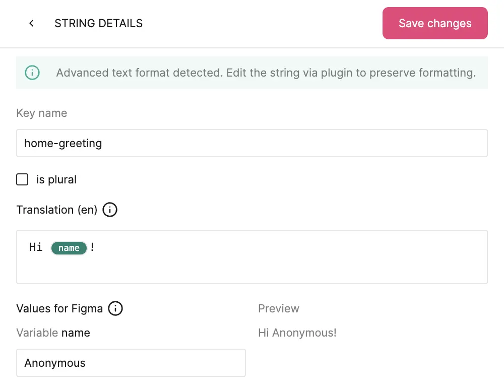 Screenshot of the Tolgee Variables Window for the Figma Plugin