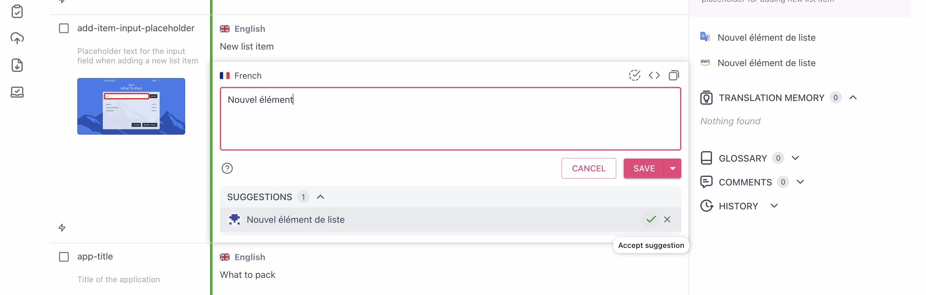 Accepting a translation suggestion