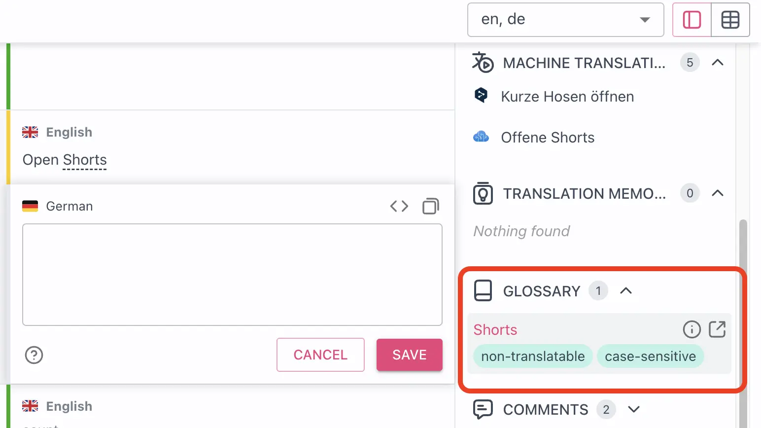 Glossary panel showing terms